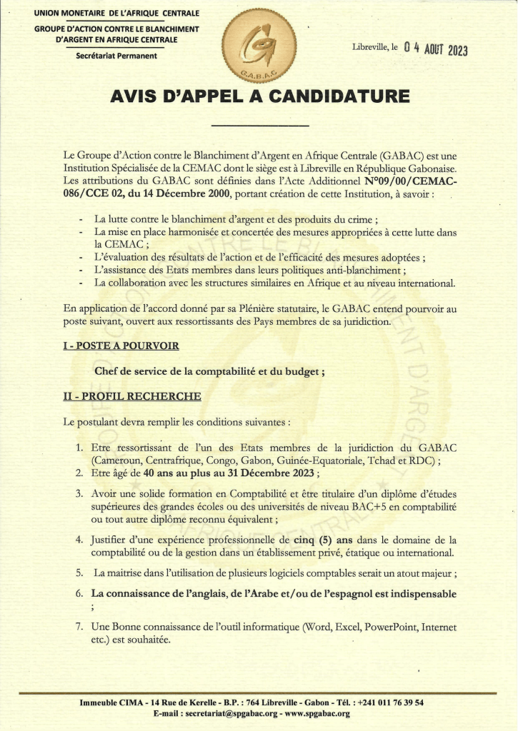 Avis à candidature pour le recrutement d'un Chef de service de la ...
