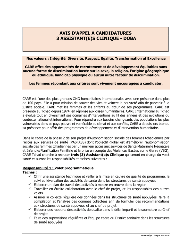 CARE lance un avis d'appel à candidature pour le recrutement de Trois ...