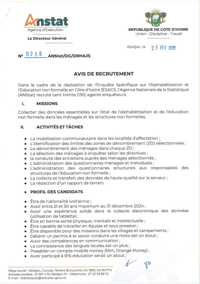 L’Agence Nationale de la Statistique (ANStat) de Côte d'Ivoire recrute ...